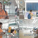 공항에서 여행객들이 체크인하는 모습과 디지털 스크린.